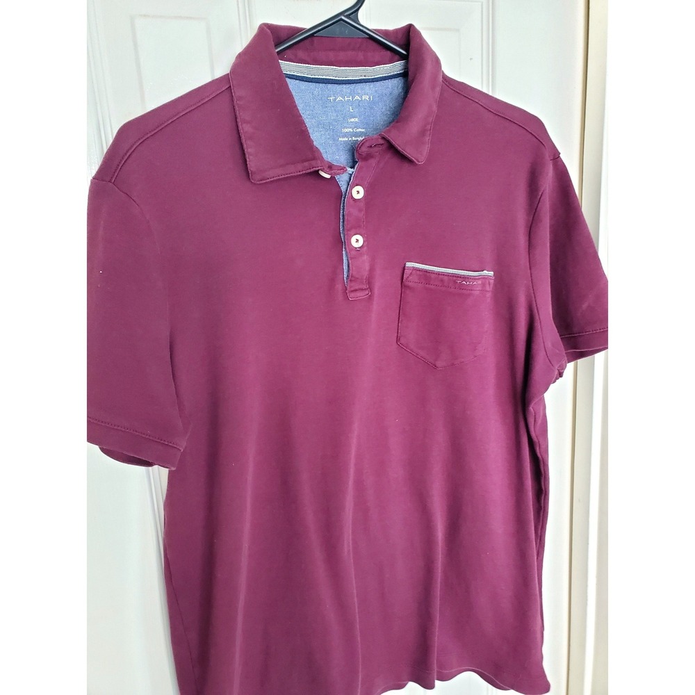 Tahari Polo Shirt Burgundy Short Sleeve Pocket Cotton Casual Preppy Mens Large